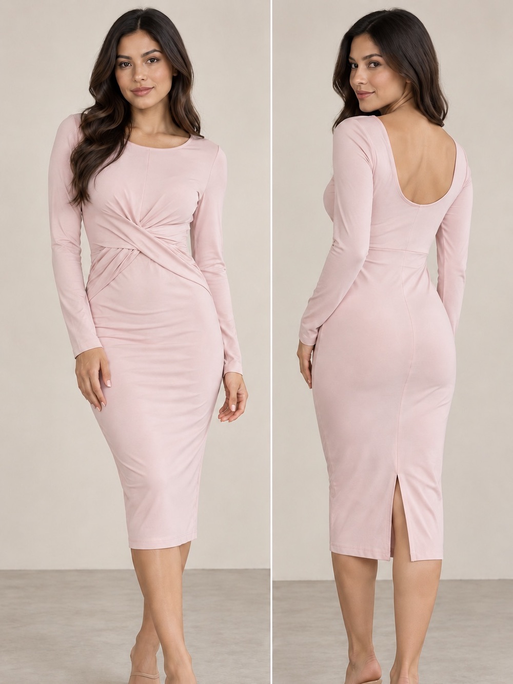 Windsor Blush Pink Twist-Front Bodycon Cocktail Midi Dress M